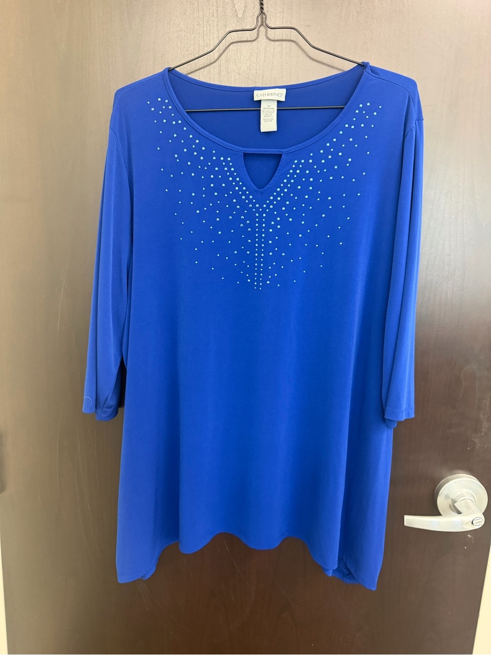 Catherines Royal Blue Embellished Keyhole 3/4 Length Sleeve Top Size 2X 22/24W